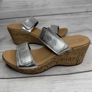 Naot Caveran 2-Strap Silver Leather Cork Wedge Sandals Size 35/US 4
